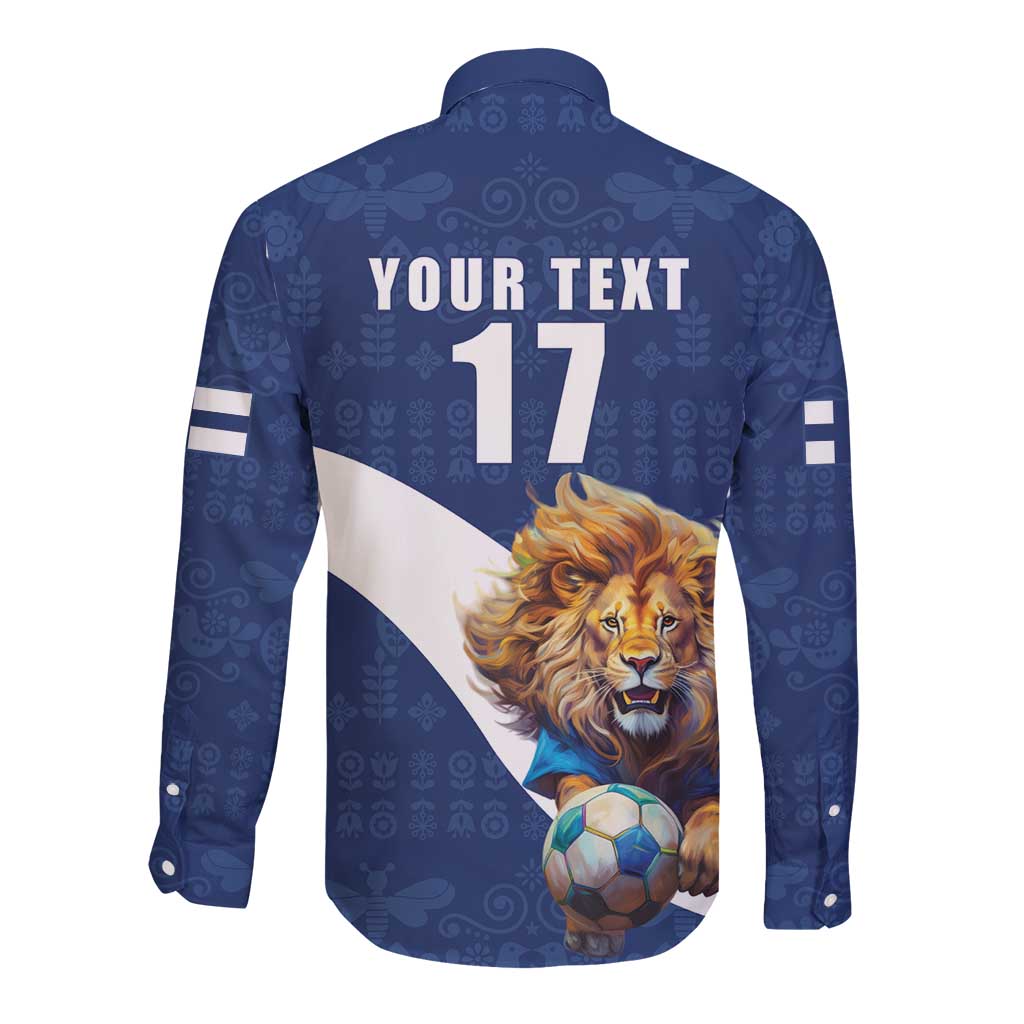 Custom Finland Football Lion Mascot Long Sleeve Button Shirt Huuhkajat with Finnish Folk Paterns