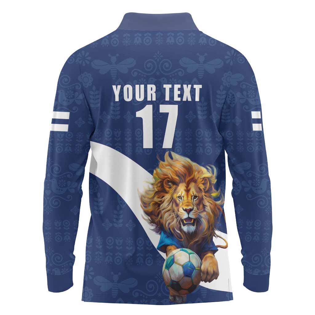 Custom Finland Football Lion Mascot Long Sleeve Polo Shirt Huuhkajat with Finnish Folk Paterns