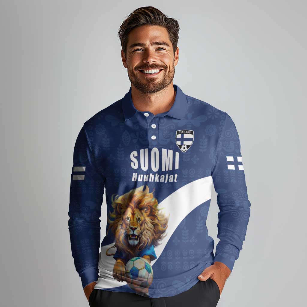 Custom Finland Football Lion Mascot Long Sleeve Polo Shirt Huuhkajat with Finnish Folk Paterns