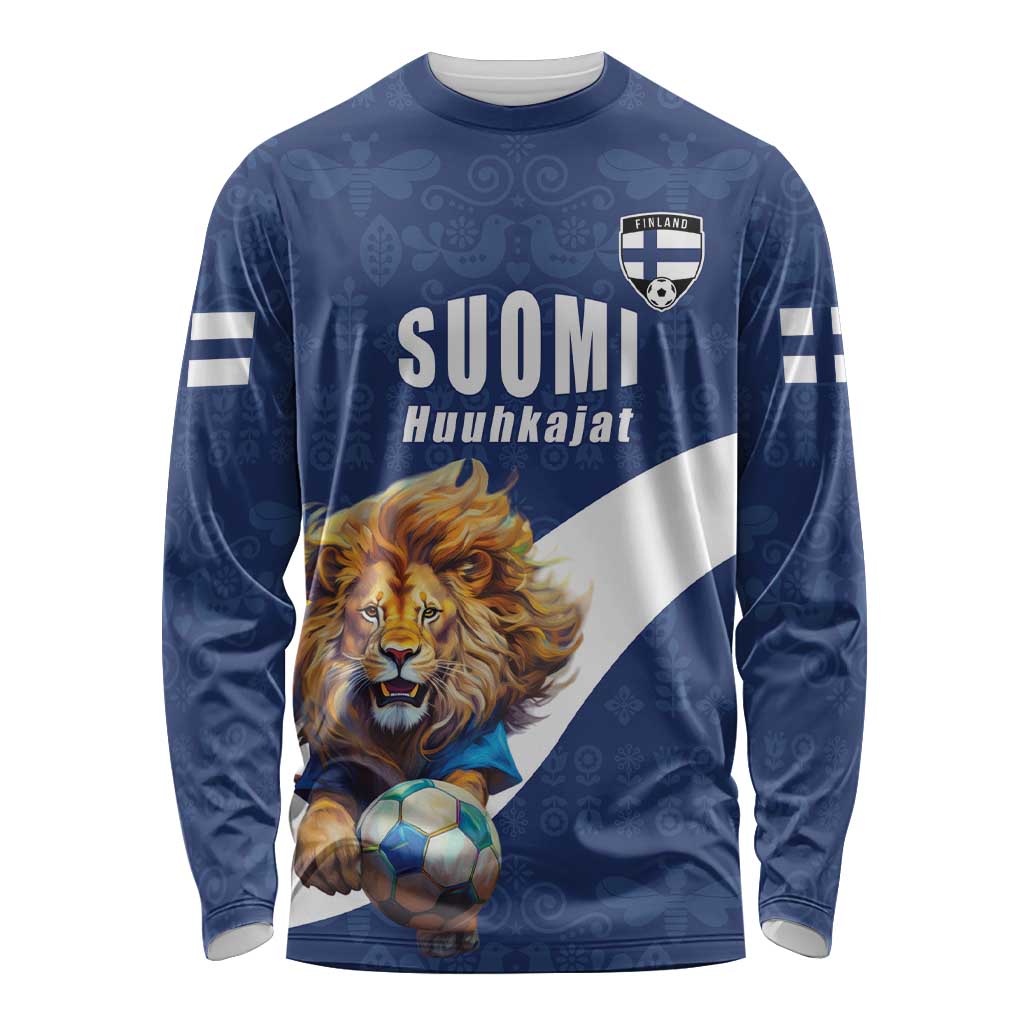 Custom Finland Football Lion Mascot Long Sleeve Shirt Huuhkajat with Finnish Folk Paterns
