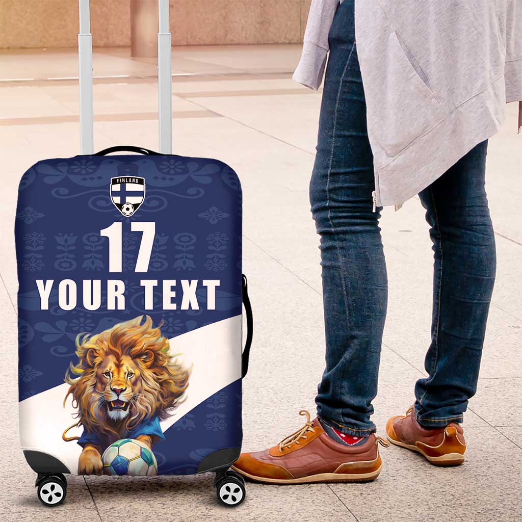 Custom Finland Football Lion Mascot Luggage Cover Huuhkajat with Finnish Folk Paterns