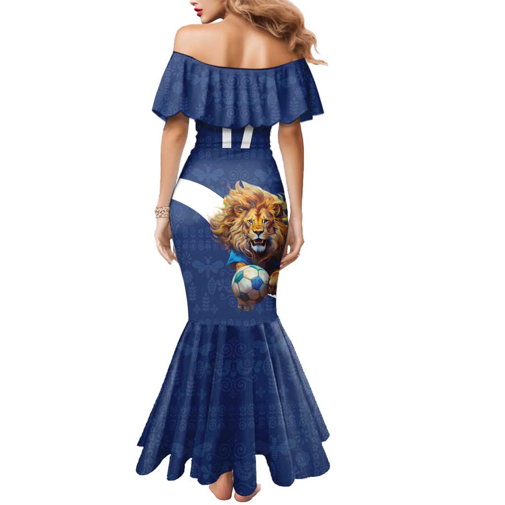 Custom Finland Football Lion Mascot Mermaid Dress Huuhkajat with Finnish Folk Paterns