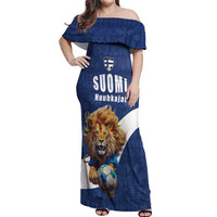 Custom Finland Football Lion Mascot Off Shoulder Maxi Dress Huuhkajat with Finnish Folk Paterns