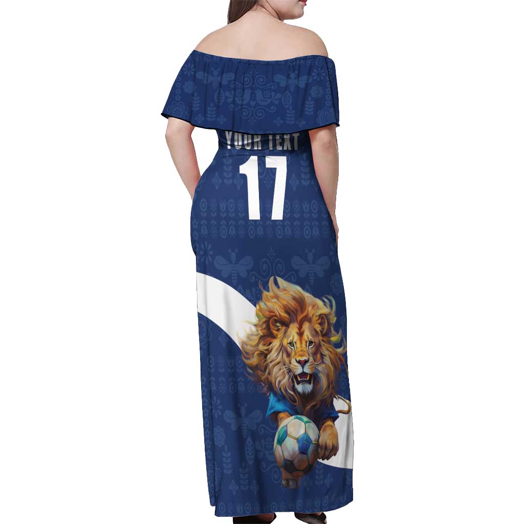 Custom Finland Football Lion Mascot Off Shoulder Maxi Dress Huuhkajat with Finnish Folk Paterns