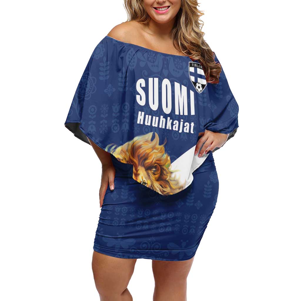 Custom Finland Football Lion Mascot Off Shoulder Short Dress Huuhkajat with Finnish Folk Paterns