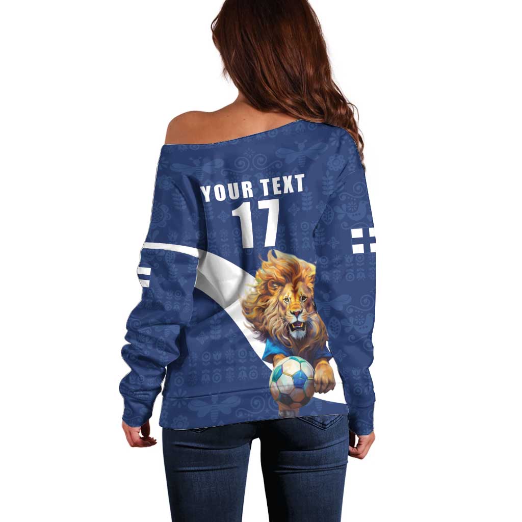 Custom Finland Football Lion Mascot Off Shoulder Sweater Huuhkajat with Finnish Folk Paterns