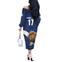 Custom Finland Football Lion Mascot Off The Shoulder Long Sleeve Dress Huuhkajat with Finnish Folk Paterns
