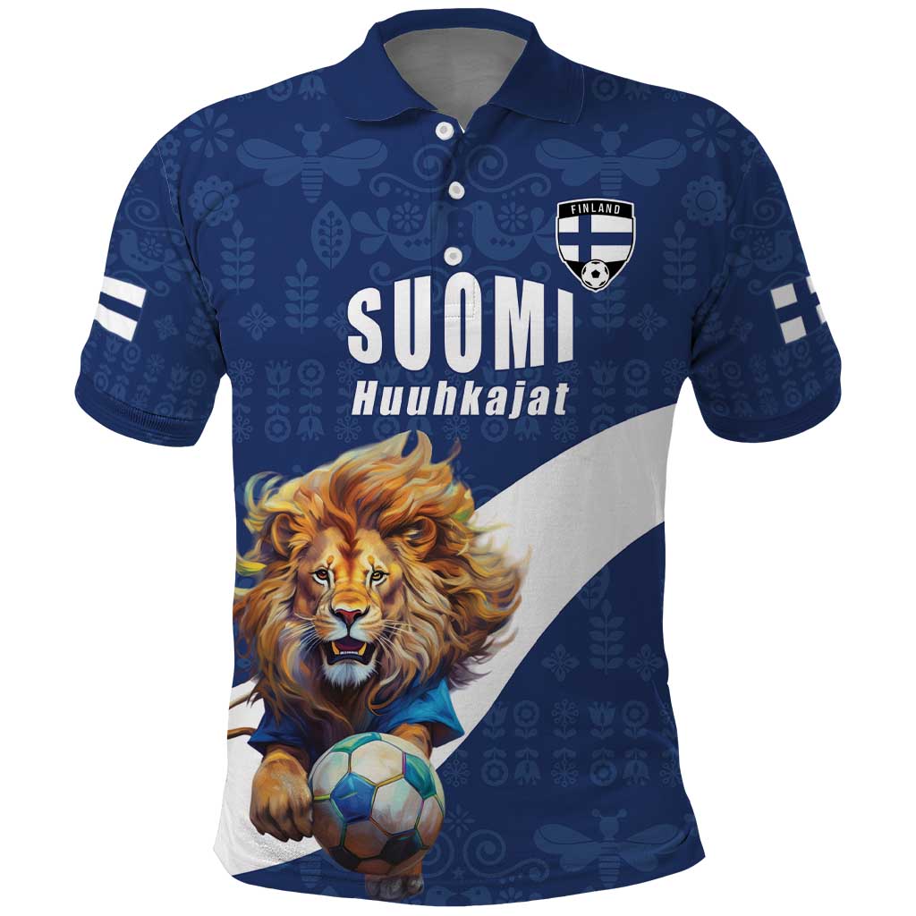 Custom Finland Football Lion Mascot Polo Shirt Huuhkajat with Finnish Folk Paterns
