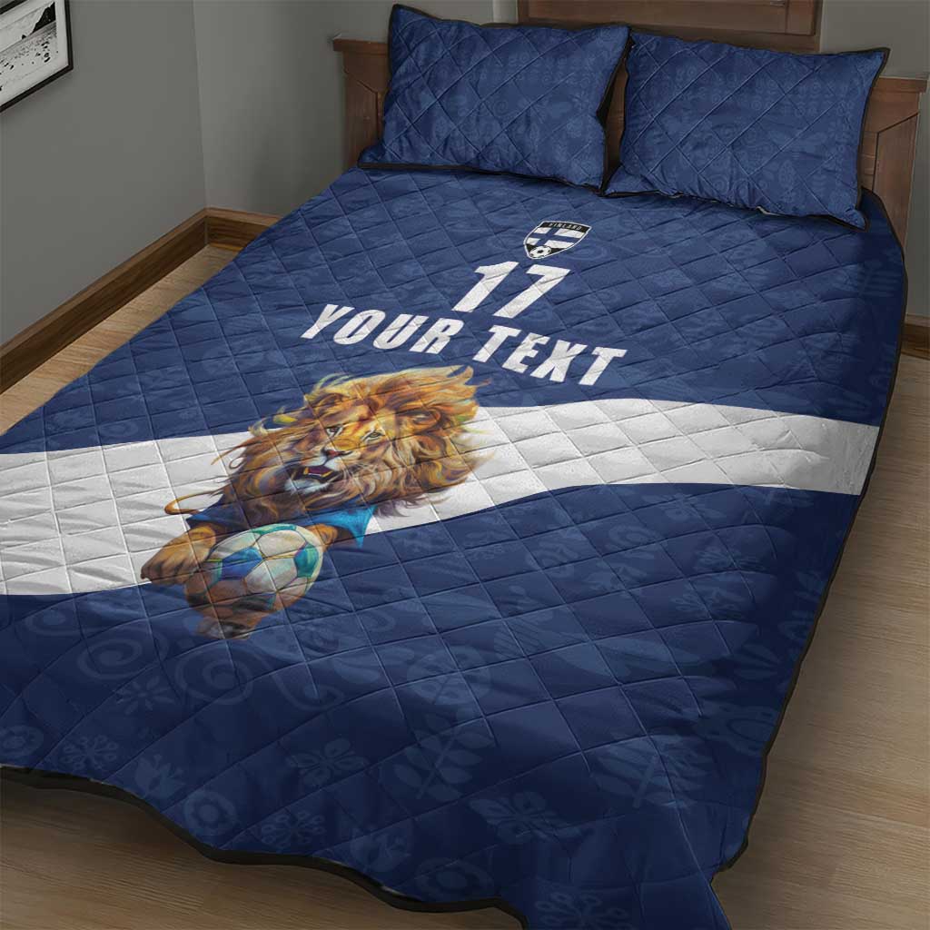 Custom Finland Football Lion Mascot Quilt Bed Set Huuhkajat with Finnish Folk Paterns