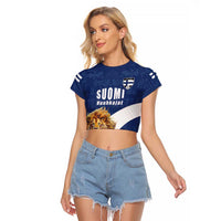 Custom Finland Football Lion Mascot Raglan Cropped T Shirt Huuhkajat with Finnish Folk Paterns
