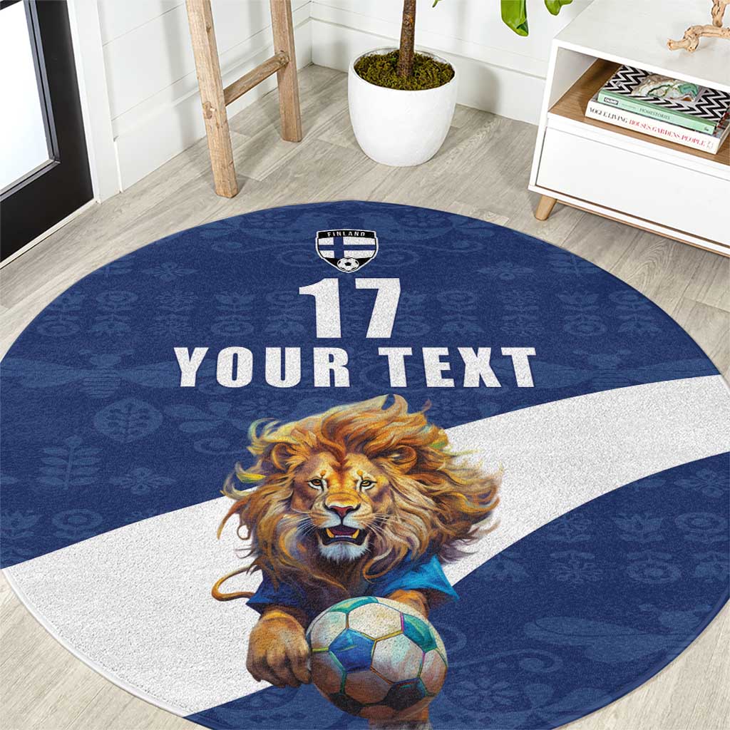 Custom Finland Football Lion Mascot Round Carpet Huuhkajat with Finnish Folk Paterns