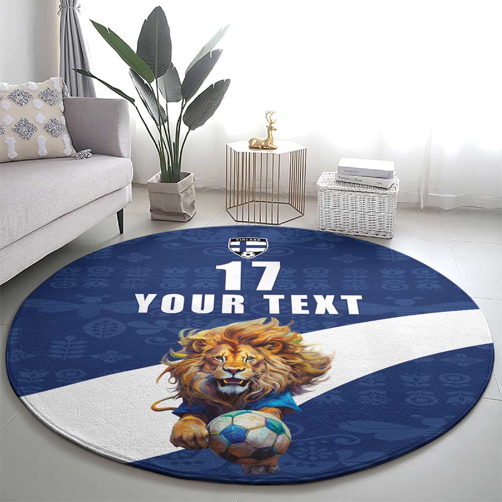 Custom Finland Football Lion Mascot Round Carpet Huuhkajat with Finnish Folk Paterns