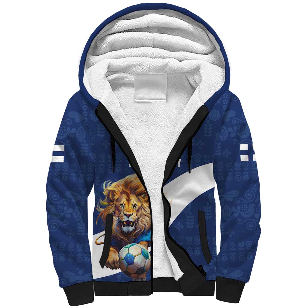 Custom Finland Football Lion Mascot Sherpa Hoodie Huuhkajat with Finnish Folk Paterns