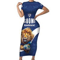 Custom Finland Football Lion Mascot Short Sleeve Bodycon Dress Huuhkajat with Finnish Folk Paterns