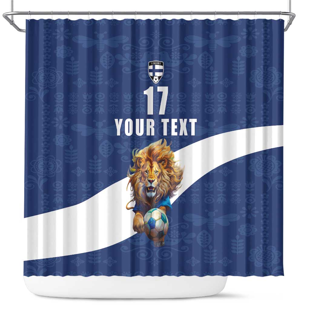 Custom Finland Football Lion Mascot Shower Curtain Huuhkajat with Finnish Folk Paterns
