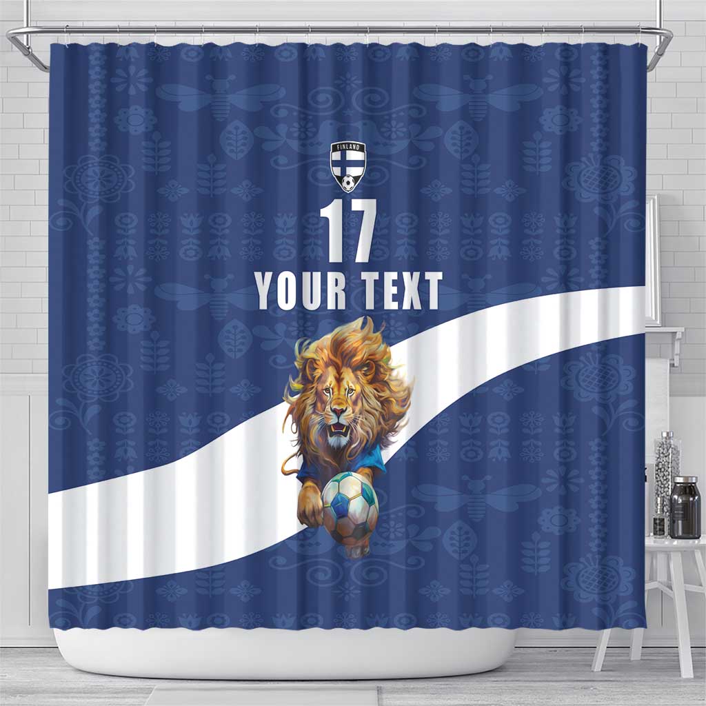 Custom Finland Football Lion Mascot Shower Curtain Huuhkajat with Finnish Folk Paterns