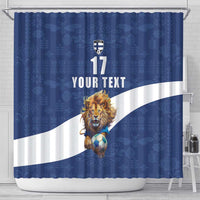 Custom Finland Football Lion Mascot Shower Curtain Huuhkajat with Finnish Folk Paterns