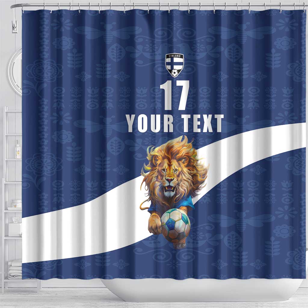 Custom Finland Football Lion Mascot Shower Curtain Huuhkajat with Finnish Folk Paterns