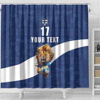 Custom Finland Football Lion Mascot Shower Curtain Huuhkajat with Finnish Folk Paterns