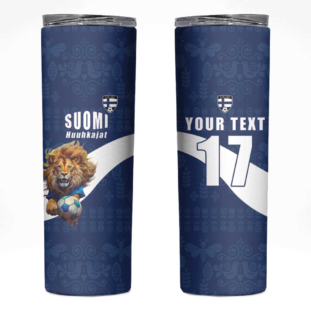 Custom Finland Football Lion Mascot Skinny Tumbler Huuhkajat with Finnish Folk Paterns