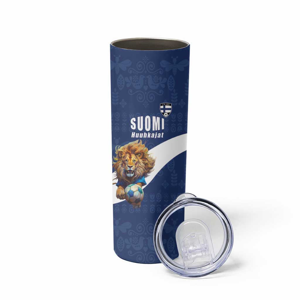 Custom Finland Football Lion Mascot Skinny Tumbler Huuhkajat with Finnish Folk Paterns