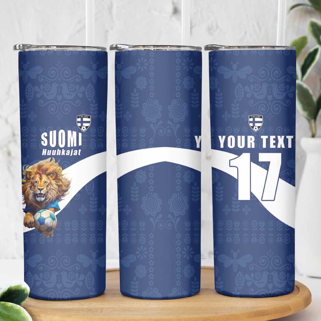 Custom Finland Football Lion Mascot Skinny Tumbler Huuhkajat with Finnish Folk Paterns