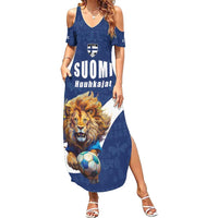 Custom Finland Football Lion Mascot Summer Maxi Dress Huuhkajat with Finnish Folk Paterns