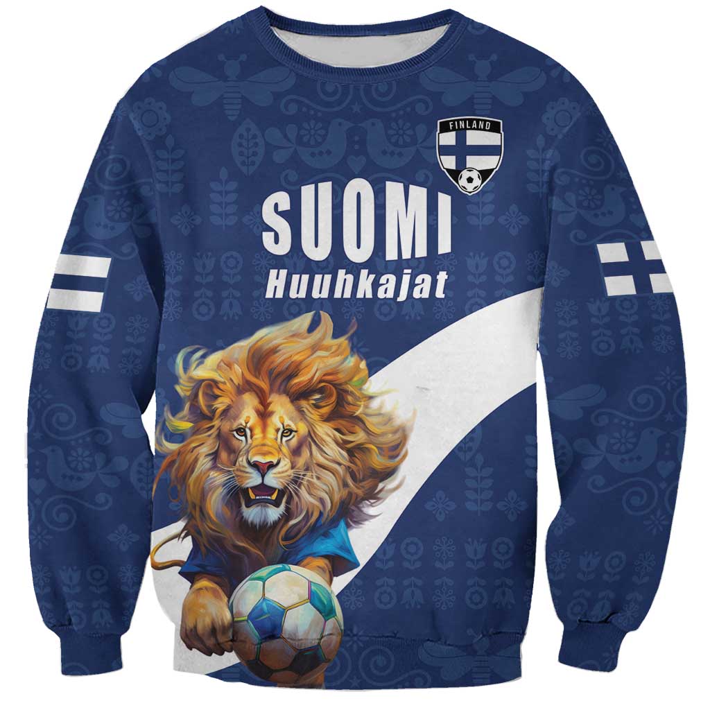Custom Finland Football Lion Mascot Sweatshirt Huuhkajat with Finnish Folk Paterns