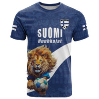 Custom Finland Football Lion Mascot T Shirt Huuhkajat with Finnish Folk Paterns