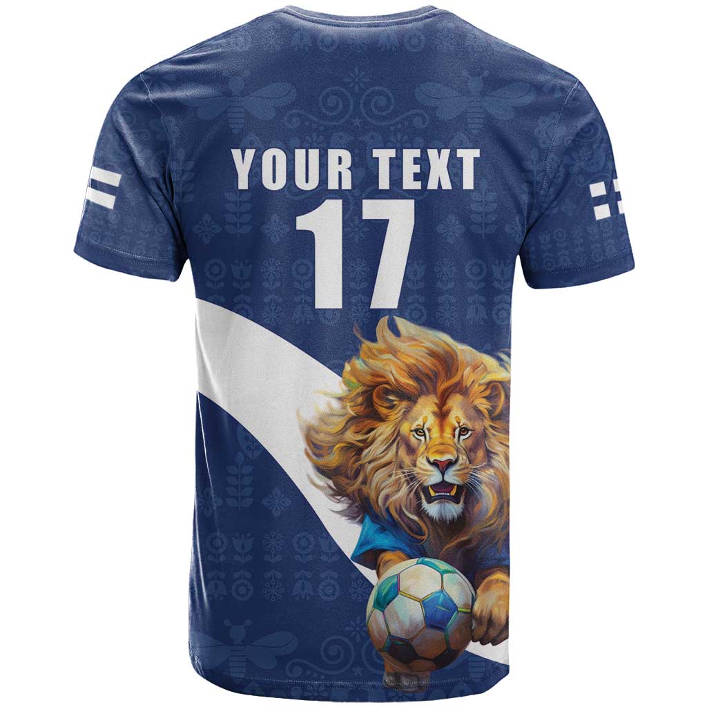 Custom Finland Football Lion Mascot T Shirt Huuhkajat with Finnish Folk Paterns