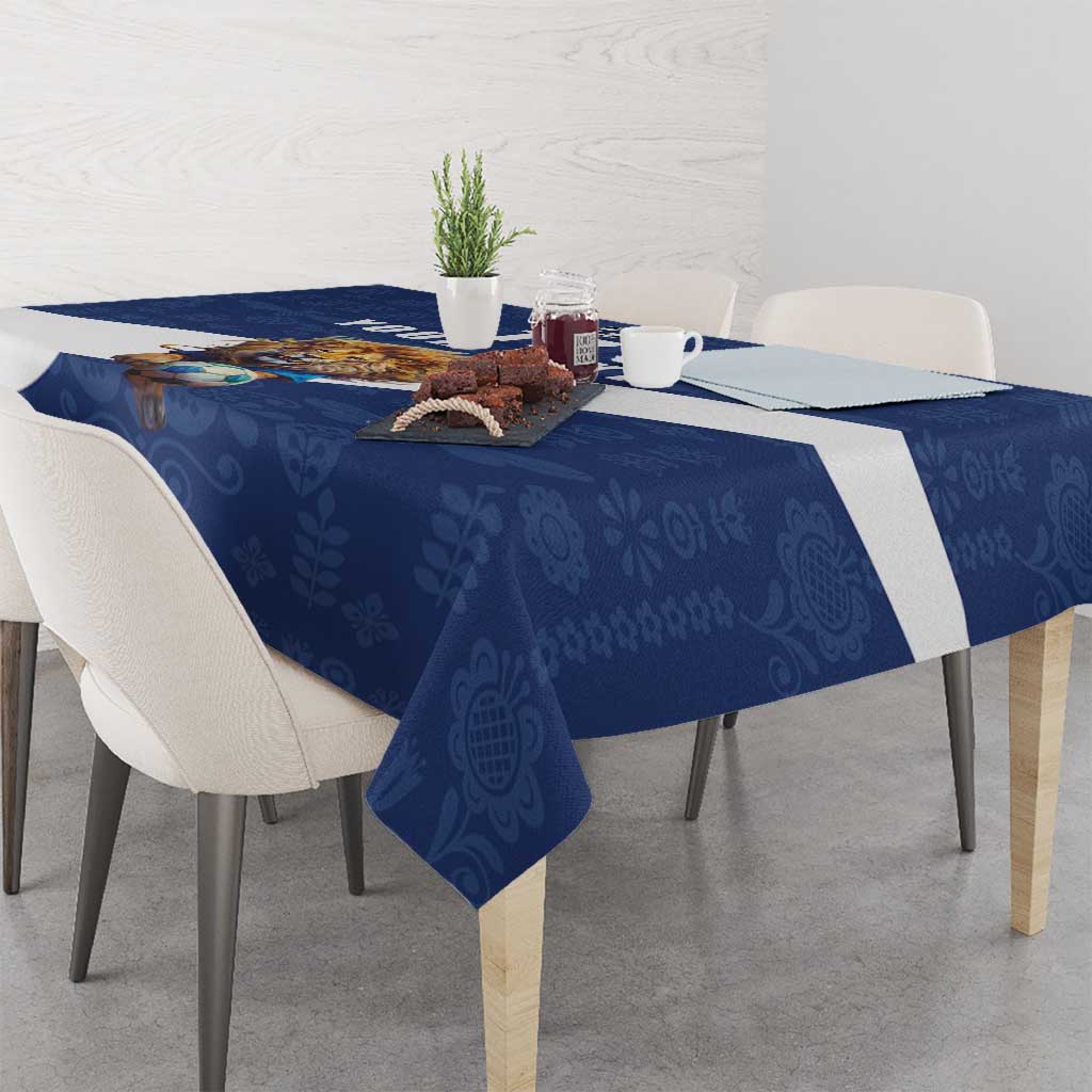 Custom Finland Football Lion Mascot Tablecloth Huuhkajat with Finnish Folk Paterns