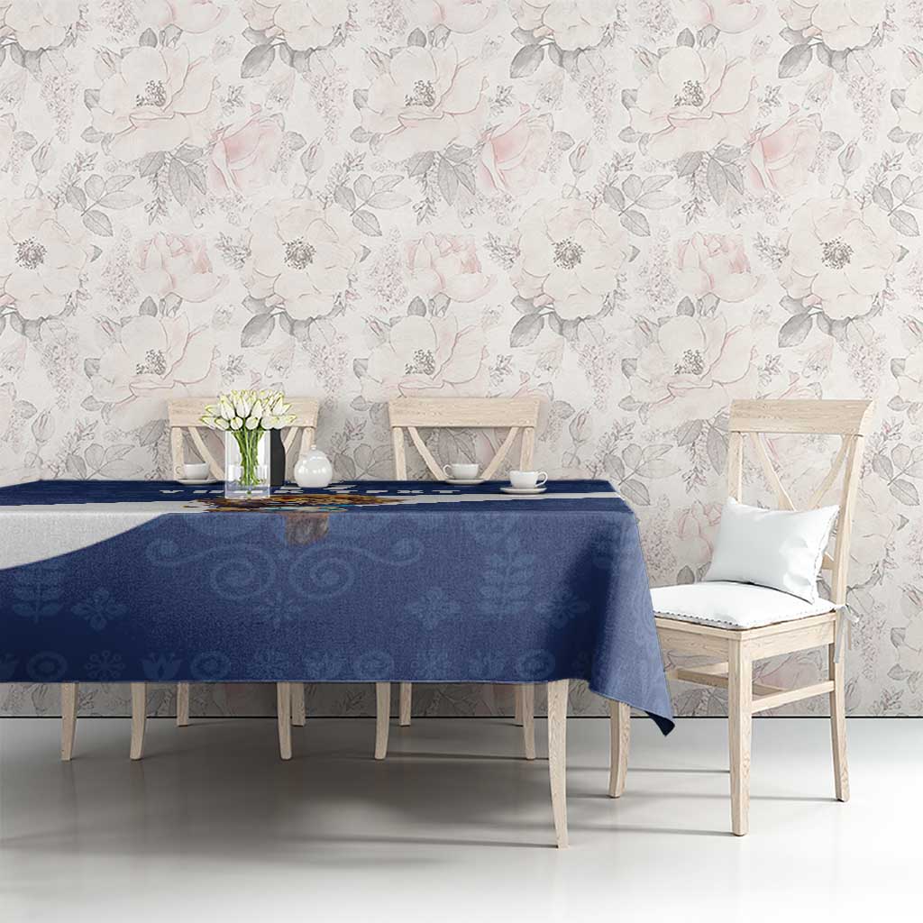 Custom Finland Football Lion Mascot Tablecloth Huuhkajat with Finnish Folk Paterns