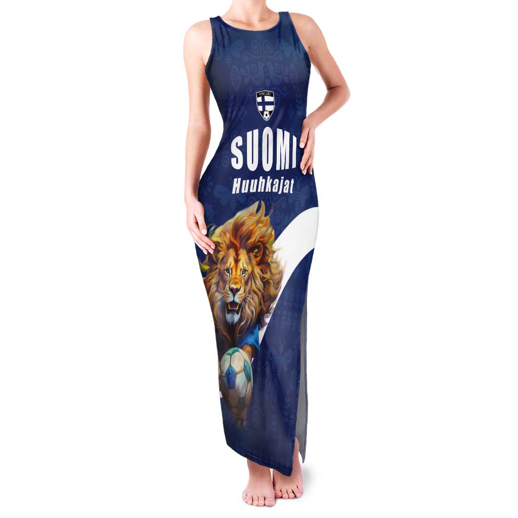 Custom Finland Football Lion Mascot Tank Maxi Dress Huuhkajat with Finnish Folk Paterns