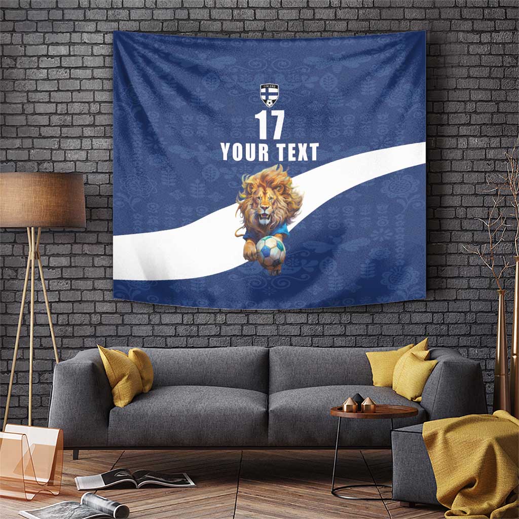 Custom Finland Football Lion Mascot Tapestry Huuhkajat with Finnish Folk Paterns