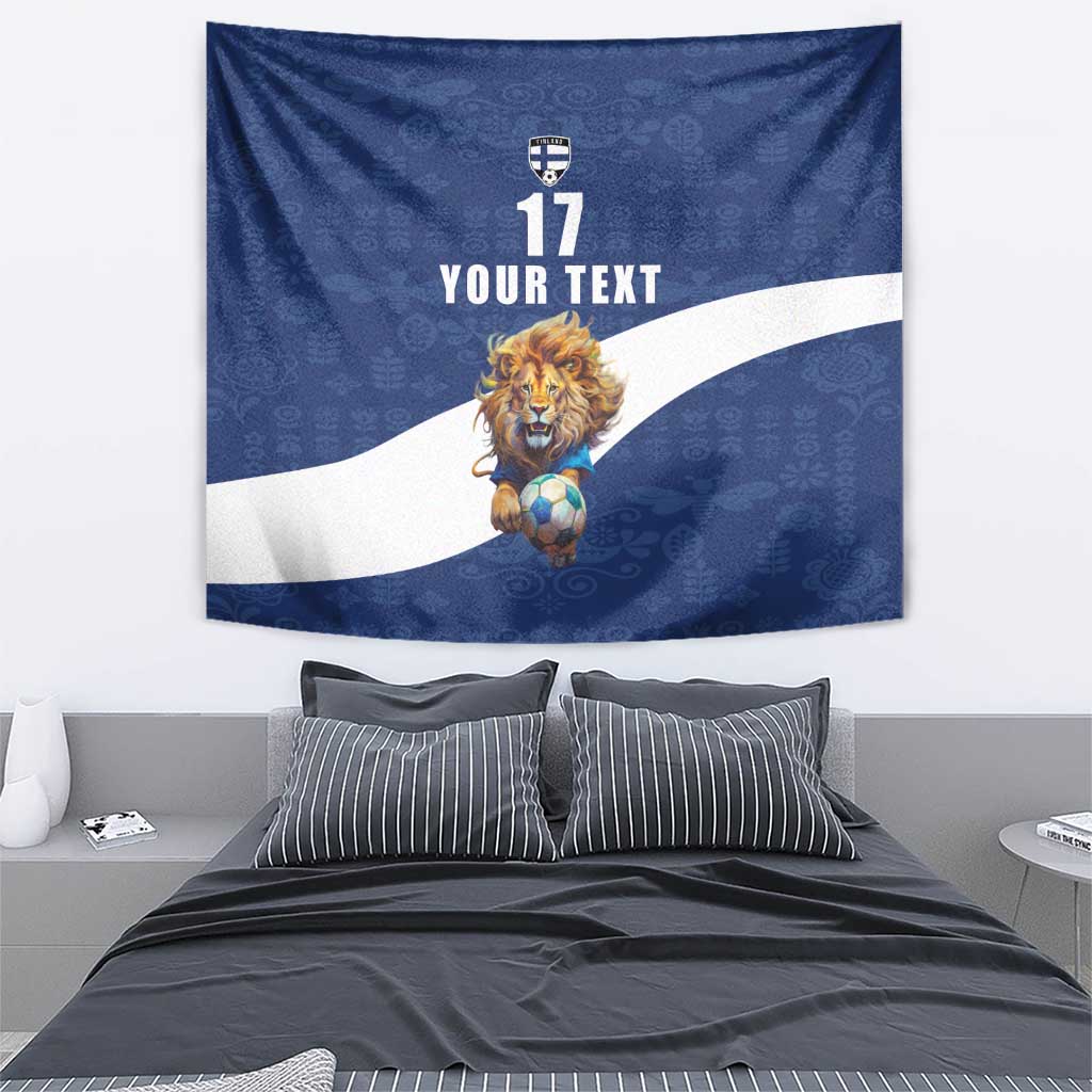 Custom Finland Football Lion Mascot Tapestry Huuhkajat with Finnish Folk Paterns
