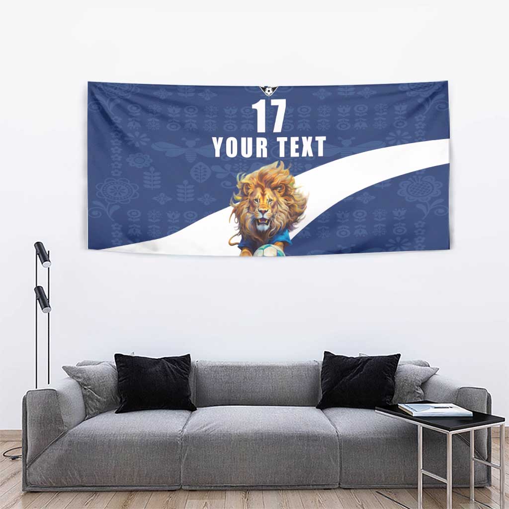 Custom Finland Football Lion Mascot Tapestry Huuhkajat with Finnish Folk Paterns