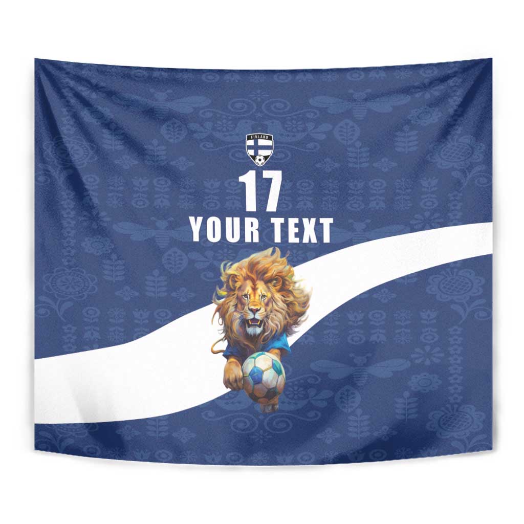 Custom Finland Football Lion Mascot Tapestry Huuhkajat with Finnish Folk Paterns