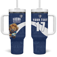 Custom Finland Football Lion Mascot Tumbler With Handle Huuhkajat with Finnish Folk Paterns