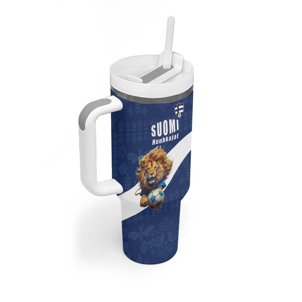 Custom Finland Football Lion Mascot Tumbler With Handle Huuhkajat with Finnish Folk Paterns