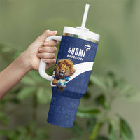 Custom Finland Football Lion Mascot Tumbler With Handle Huuhkajat with Finnish Folk Paterns