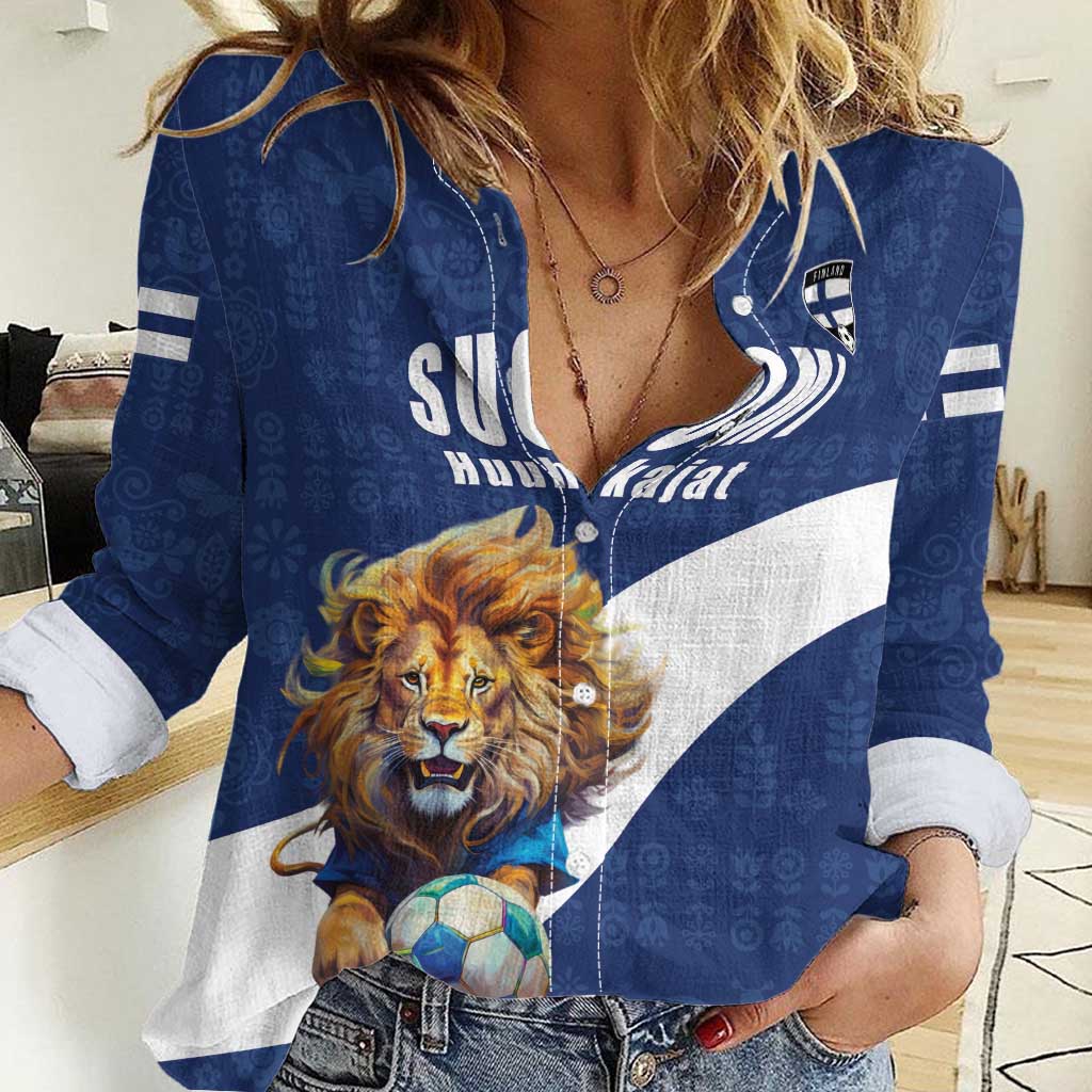 Custom Finland Football Lion Mascot Women Casual Shirt Huuhkajat with Finnish Folk Paterns