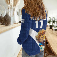 Custom Finland Football Lion Mascot Women Casual Shirt Huuhkajat with Finnish Folk Paterns