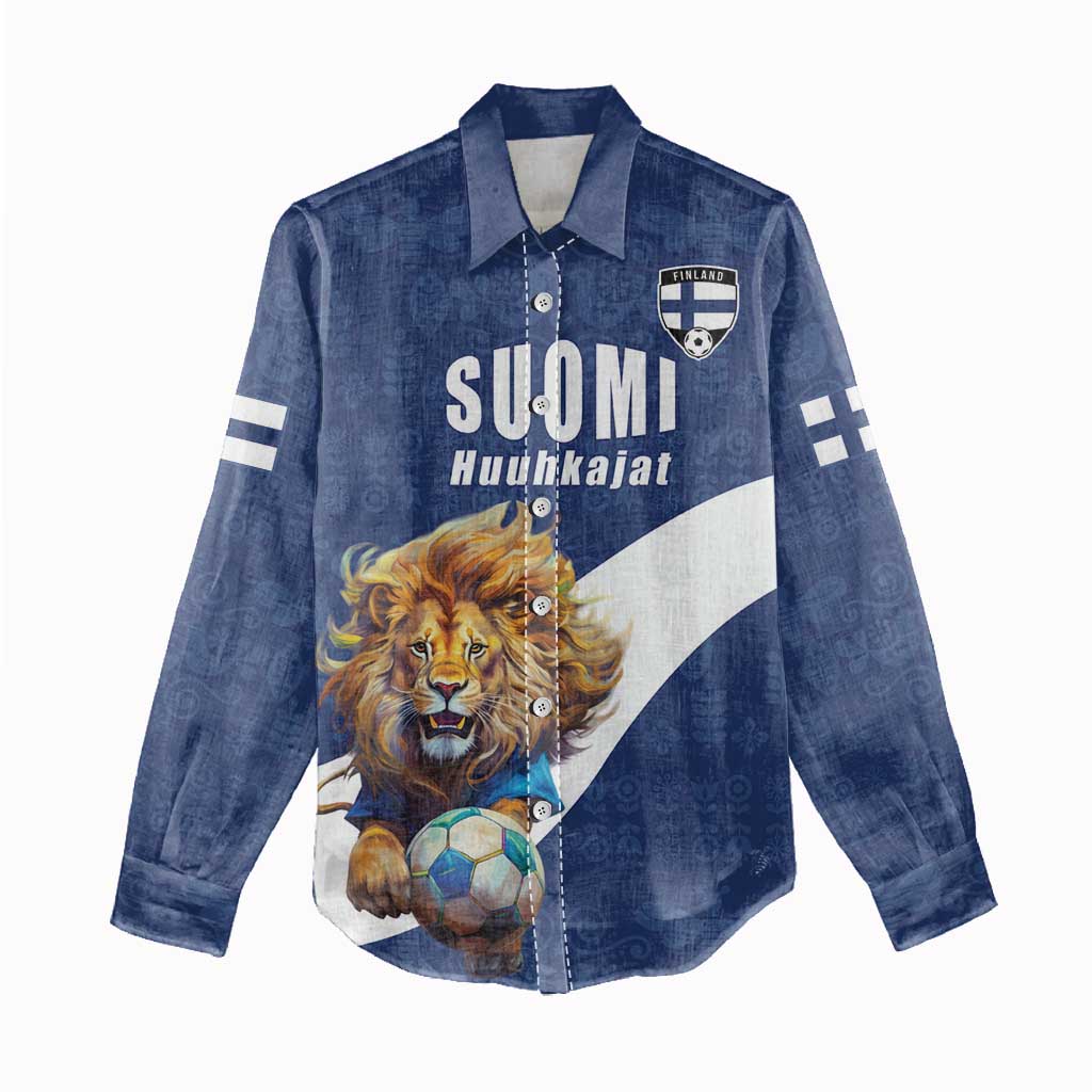 Custom Finland Football Lion Mascot Women Casual Shirt Huuhkajat with Finnish Folk Paterns