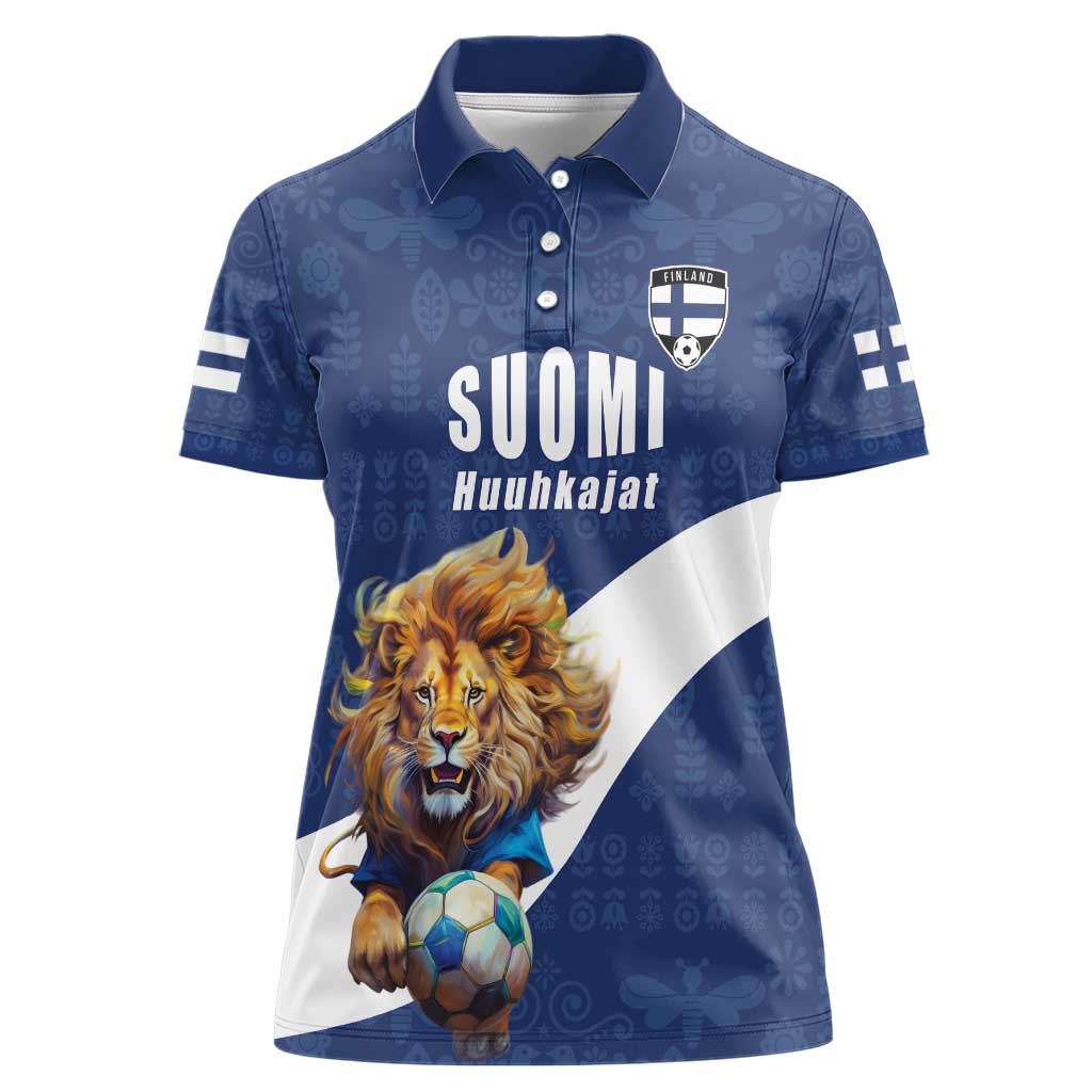 Custom Finland Football Lion Mascot Women Polo Shirt Huuhkajat with Finnish Folk Paterns