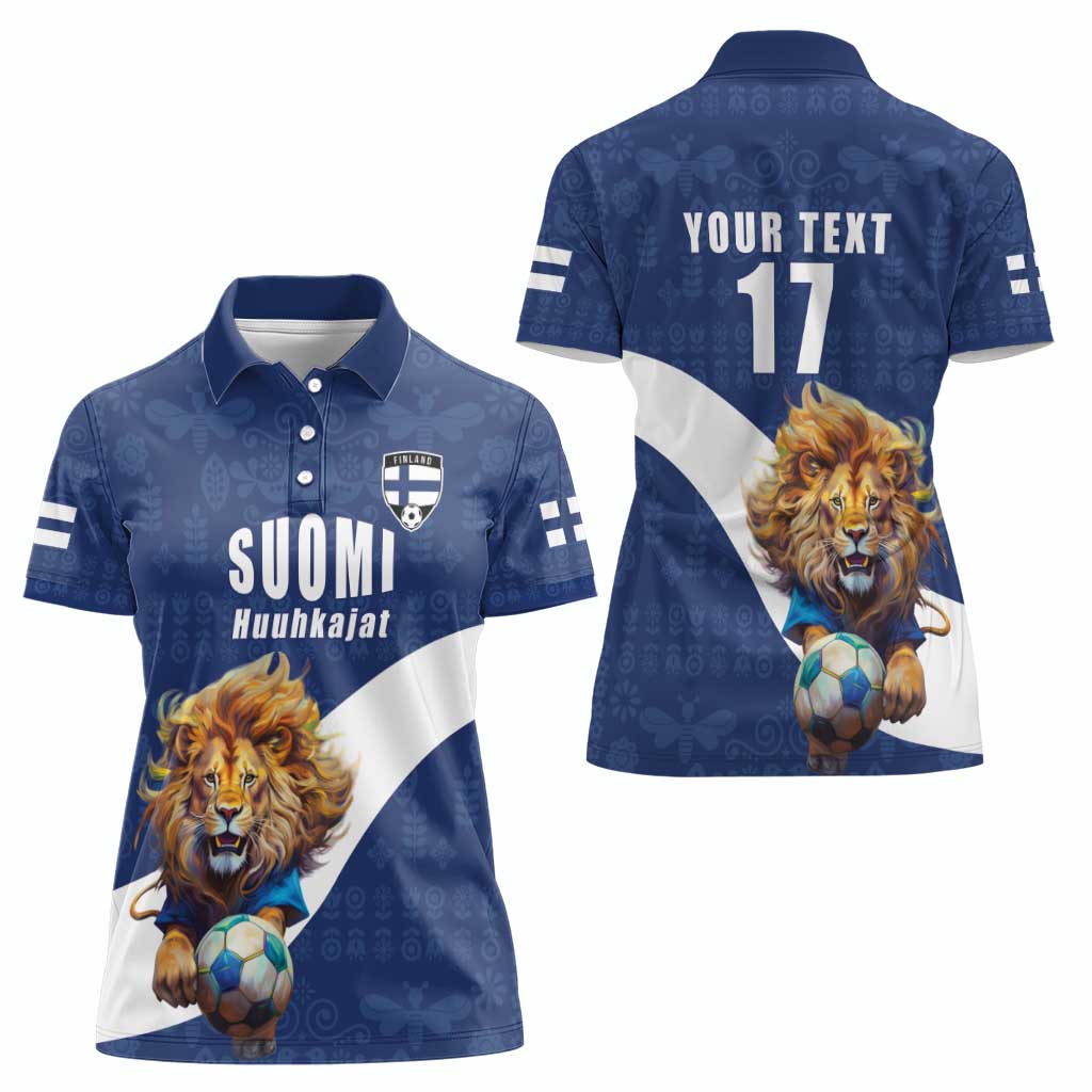 Custom Finland Football Lion Mascot Women Polo Shirt Huuhkajat with Finnish Folk Paterns