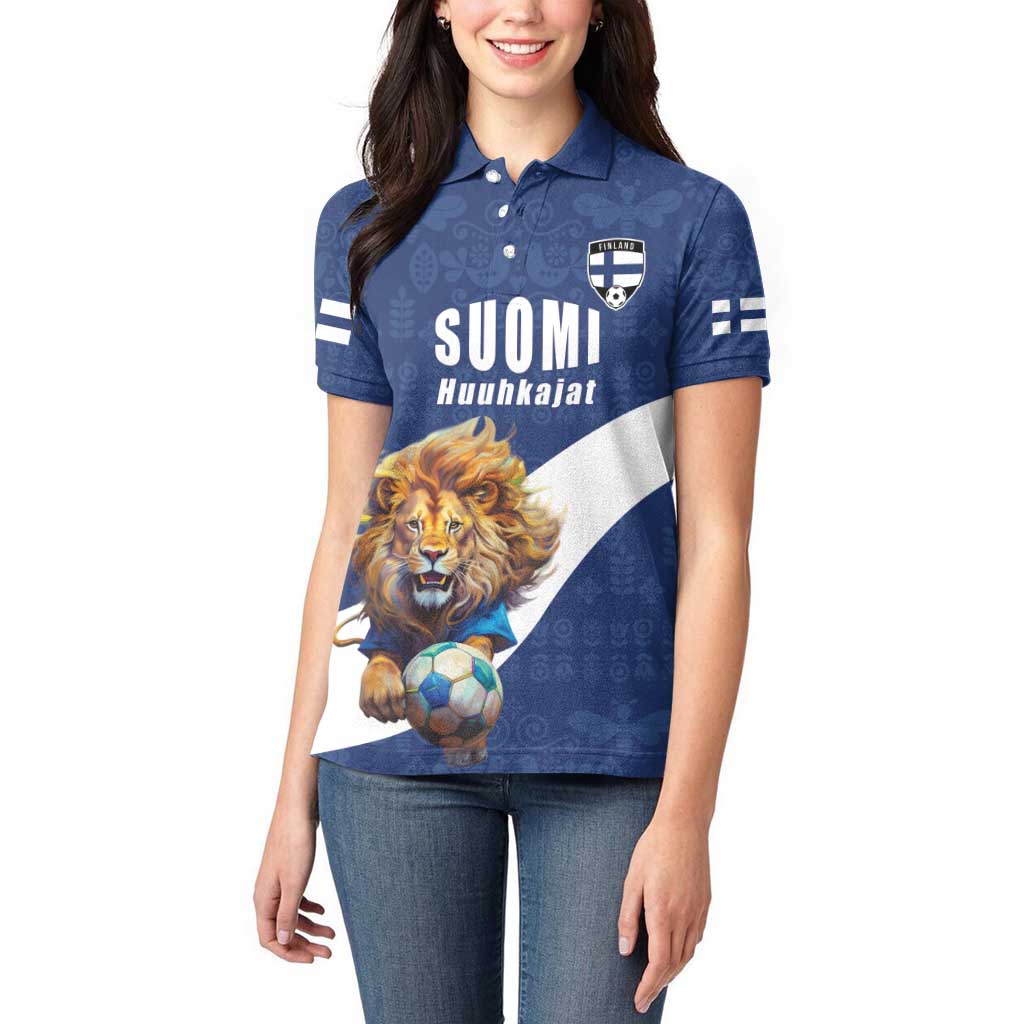 Custom Finland Football Lion Mascot Women Polo Shirt Huuhkajat with Finnish Folk Paterns