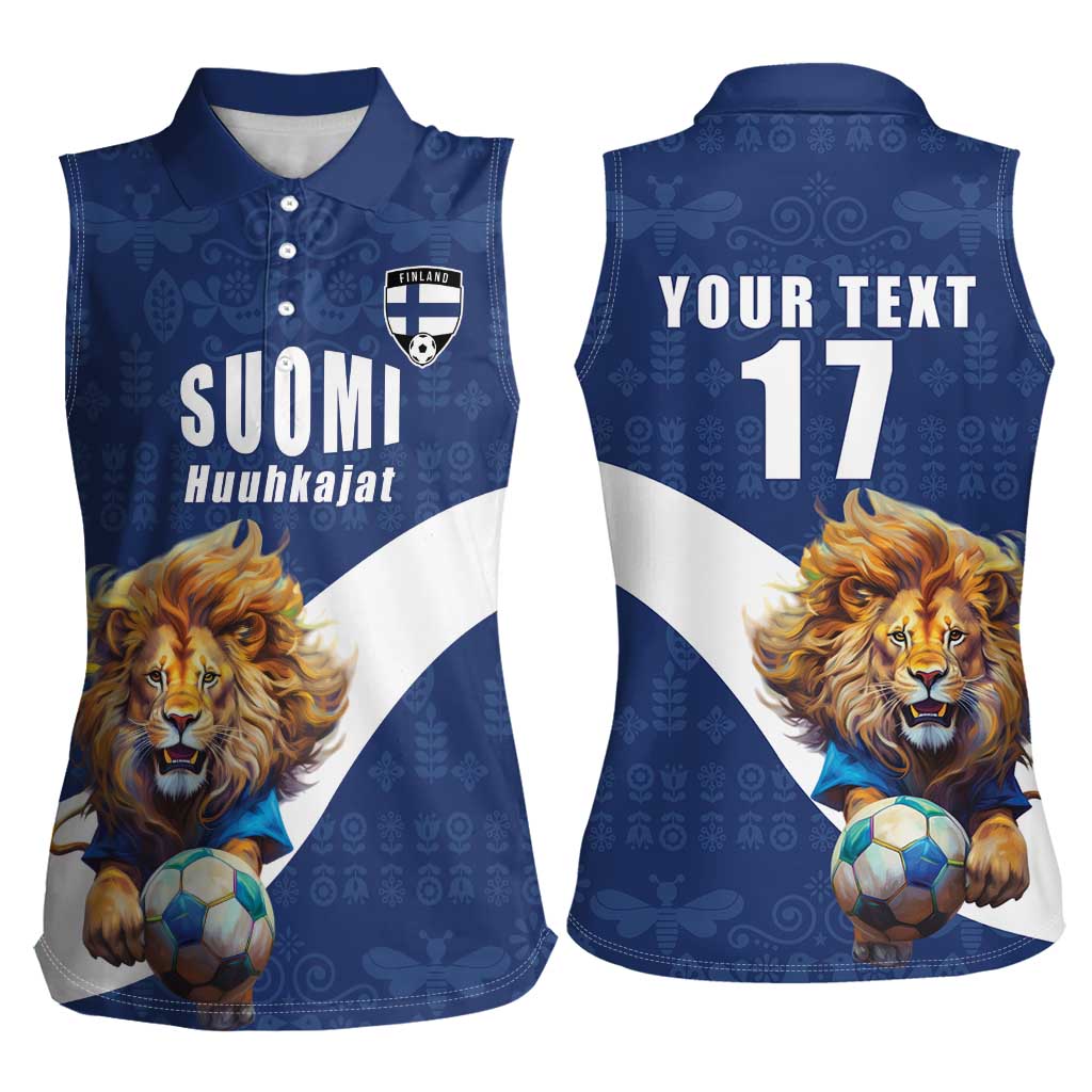 Custom Finland Football Lion Mascot Women Sleeveless Polo Shirt Huuhkajat with Finnish Folk Paterns