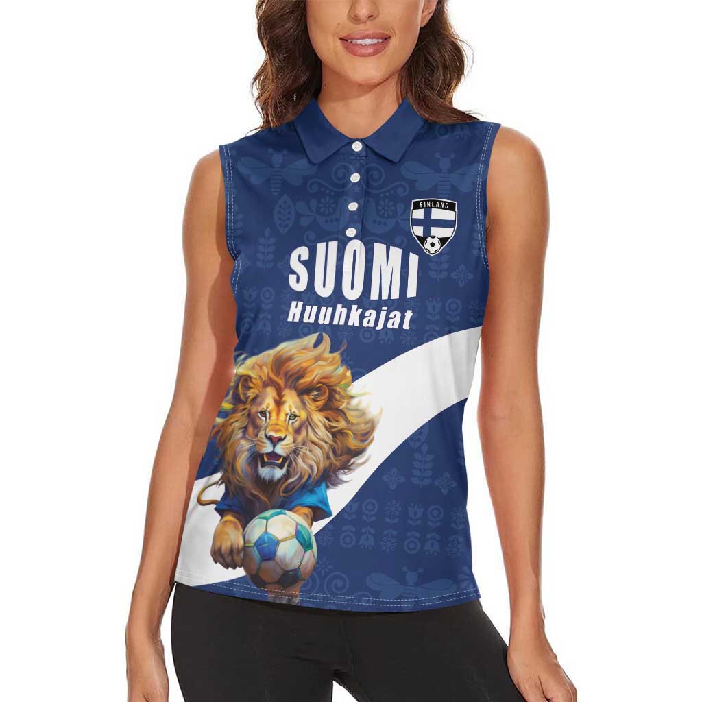 Custom Finland Football Lion Mascot Women Sleeveless Polo Shirt Huuhkajat with Finnish Folk Paterns