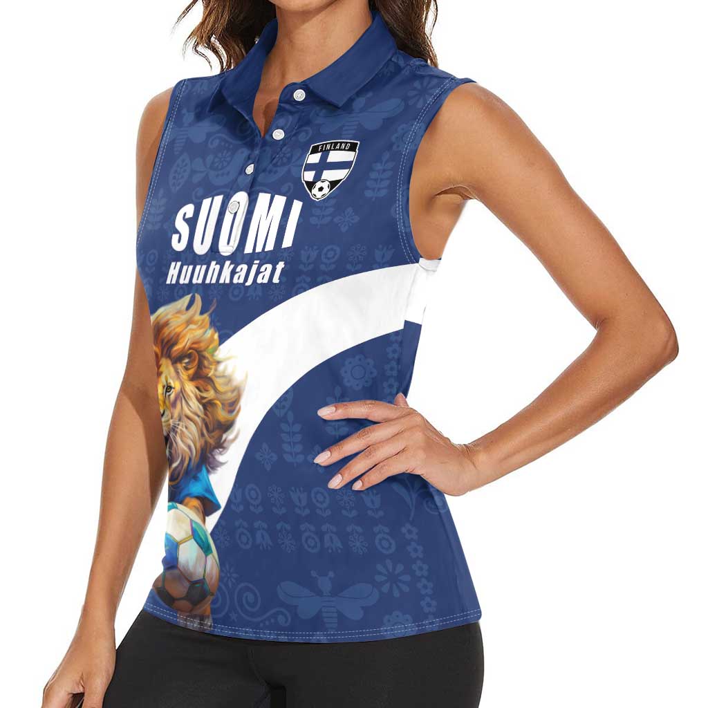 Custom Finland Football Lion Mascot Women Sleeveless Polo Shirt Huuhkajat with Finnish Folk Paterns