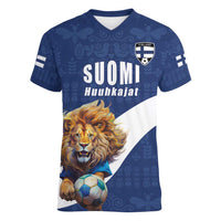 Custom Finland Football Lion Mascot Women V-Neck T-Shirt Huuhkajat with Finnish Folk Paterns